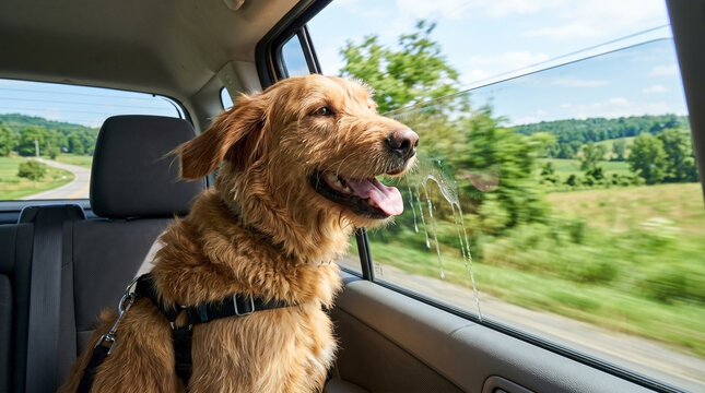 Happy dog enjoying ride in car with window down, joyful expression as wind blows through fur. Dog drooling while looking outside, festive adventure for pet lovers.