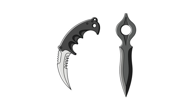 Pair of tactical bladed weapons including a curved black karambit knife and a sharp gray throwing dagger on a plain white background.