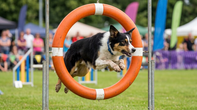 Agile dog jumping through hoop in outdoor competition. Dog performs impressive jump through orange hoop while participating in agility course event.