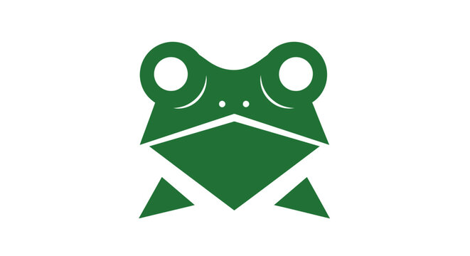 Stylized green frog with geometric shapes, large eyes, and simple features