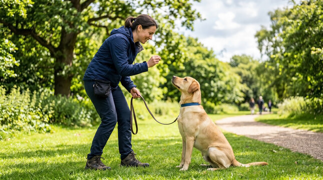 Dog obedience training with handler giving commands to Labrador retriever in park, pet training session features focused interaction and positive reinforcement.