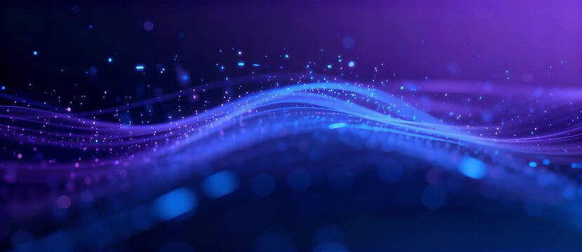 Abstract background with flowing purple and blue digital particles and bokeh lights, representing technology and data