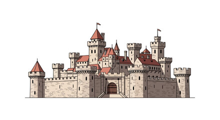 Large medieval stone castle with multiple towers and red roofs © Kurniawan