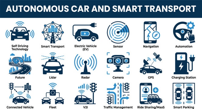 A comprehensive set of icons illustrating autonomous car technology, smart transport systems, and future mobility concepts.