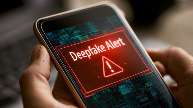 Hands holding a smartphone that displays a red deepfake alert warning about digital content fraud.