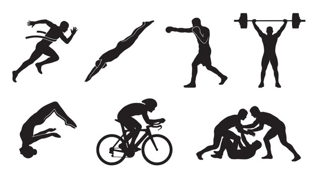 Multi Sport Athlete Silhouette Set Including Runner Diver Boxer Weightlifter Cyclist and Wrestler Black Vector for Sports Fitness and Olympic Design