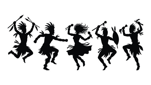 Black silhouette of african tribal people dancing