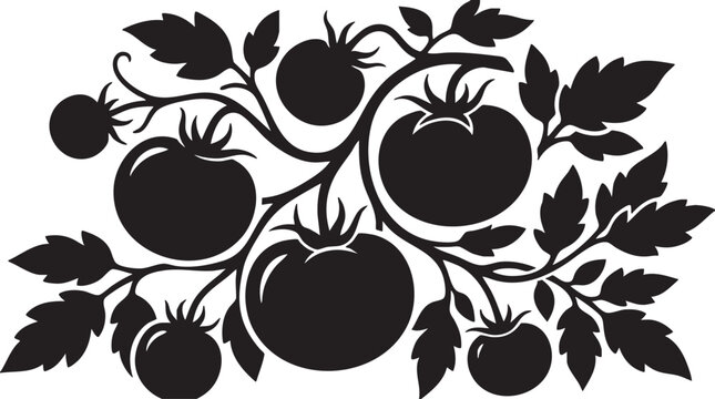 Black silhouette of tomatoes on vine with leaves