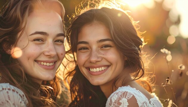 Two women with radiant smiles in a sunlit field, soft focus, warm hues