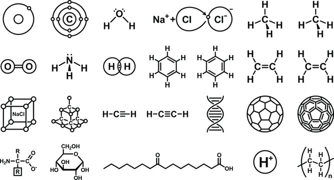 Chemical Structure and Molecular Bonding Vector Icons, Scientific Education and Laboratory Research Graphics, Organic Chemistry Diagram Collection for Academic Use, Commercial Microstock Graphic As