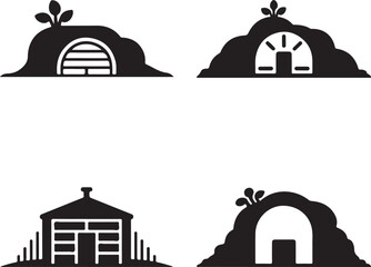 Fototapeta premium Set of four black silhouette showing underground bunkers, earth-sheltered buildings, root cellars, or hidden storage structures in mounds