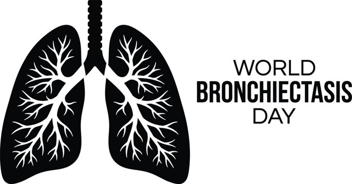 Black silhouette of human lungs with bronchial tree structure and text reading bronchiectasis day on a white background for medical awareness campaigns and health education