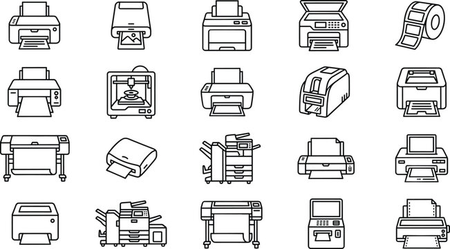 Office Printer Machine Outline Icons, Digital Printing Technology and Document Output Devices Vector Symbols, Business Equipment Grid Collection, Commercial Microstock Graphic Assets, Premium Vecto