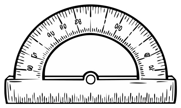 Hand drawn illustration of a classic protractor with clear degree markings for measuring angles and geometric calculations