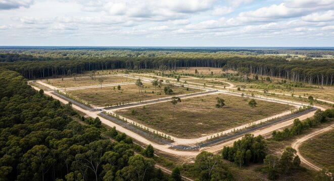 Expansive rural land development site with new roads carved through cleared fields adjacent to dense forest