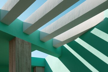 Naklejka premium Modern pergola overhead beams and textured columns with teal walls and blue sky for architectural background and banner design