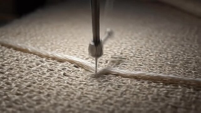 Silvery Needle Sewing through Textile Fabric