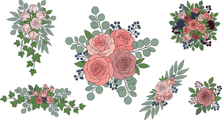 Elegant watercolor rose flower bouquets collection with green eucalyptus leaves berries botanical arrangements vector isolated illustration. © Sukhi