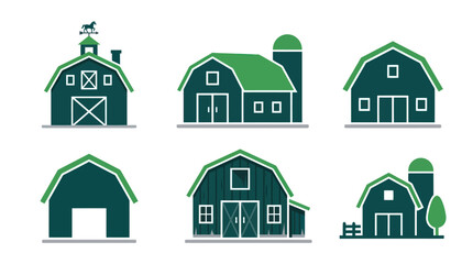 Collection of green barn and farmhouse silhouette icons © Camel
