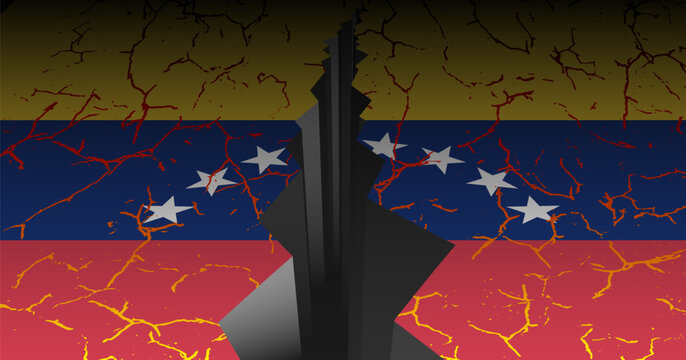 Vector 3D flag of Bolivarian Republic of Venezuela. Cracks and splits. Powerful earthquake. Venezuelan banner. Break and сrash