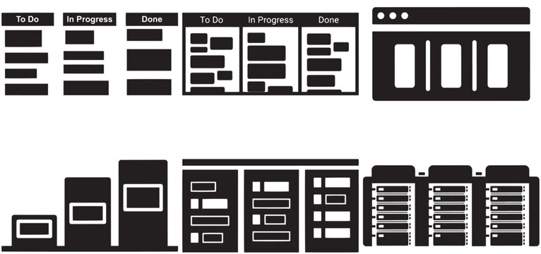 Dark dashboard interface collection featuring kanban boards, analytics cards, and server panels for project management and data organization