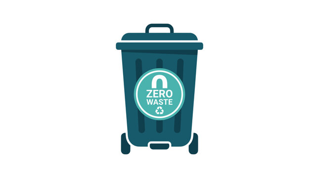 Blue trash bin with zero waste recycling logo.