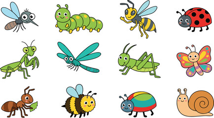 Naklejka premium Cute cartoon garden insects and bugs vector set featuring friendly colorful backyard wildlife characters isolated illustrations.
