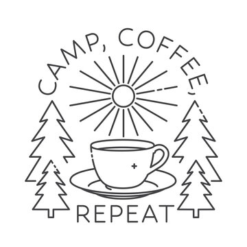 Camp Coffee Repeat Line Art Vector Illustration. Outdoor Camping Lifestyle Emblem with Cup and Pine Trees