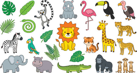Cute cartoon safari jungle animals vector set with tropical leaves and wild african wildlife characters isolated illustrations. © Sukhi
