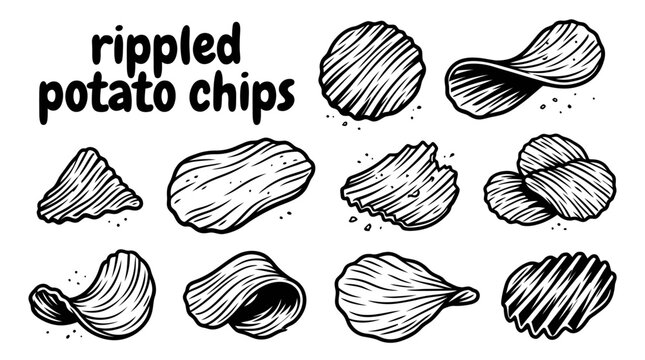 Pile of crispy ripple potato chips vector collection, snack food illustration isolated for party, picnic, fast food, restaurant menu, and packaging design. Black and white sketch