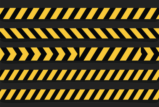Set of five yellow and black diagonal striped caution tapes used for police lines, construction zones, and danger areas.
