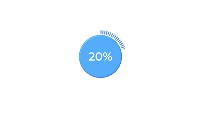 Work finishing solid blue dashed circle percent loading animation on white screen with 0 to 20 % . Digital pie chart animated with 20 percent element . Progress bar showing 80% animation.