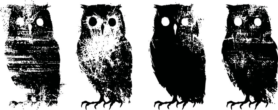 grunge black and white owl silhouettes with textured distressed overlay design