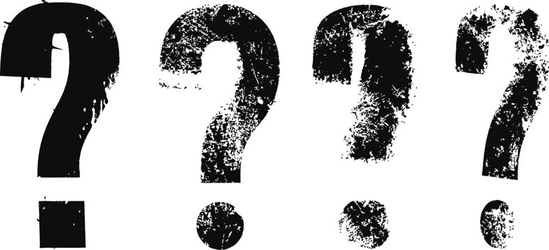 Four distressed black question marks in a row with grunge texture on white background
