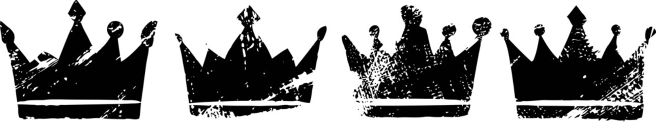 Obraz premium set of four vintage black crowns silhouettes with distressed textures, medieval royal design elements