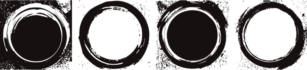 Naklejka premium four circular grunge brush strokes in black and white with distressed textured edges on a plain background