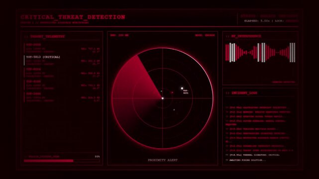 Critical Threat Detection Military Radar Target Lock Animation Red Screen.