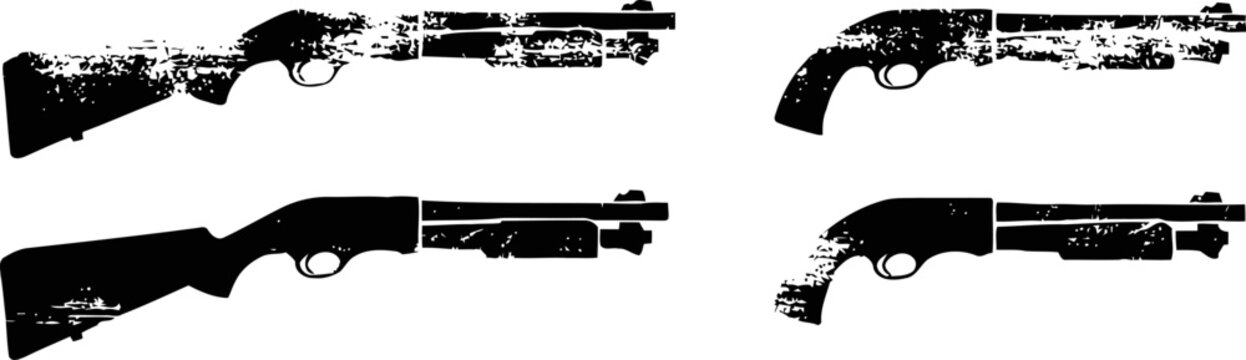 Illustration of four black silhouette shotguns in different styles and positions on white background