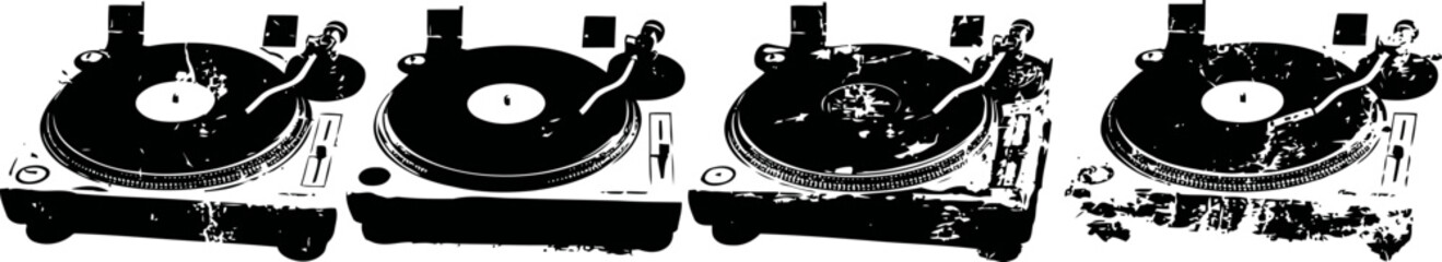 Naklejka premium Black and white vintage turntable set with vinyl records and tonearm in multiple views