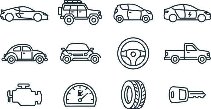 Car and automotive thin line icon set with sedan suv electric vehicle engine tire wheel and key vector
