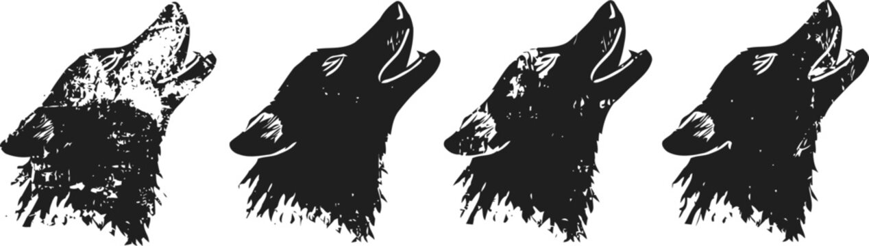 howling wolf silhouette set four black and white wolf heads with open mouths wildlife animal vector icons showing wolf howling and calling