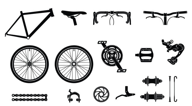 Complete bicycle parts and components set featuring frame wheels drivetrain and handlebars.
