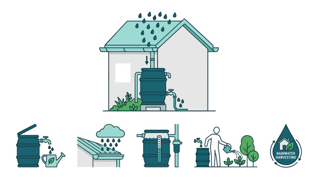 Diagram showing rainwater harvesting and domestic water conservation.