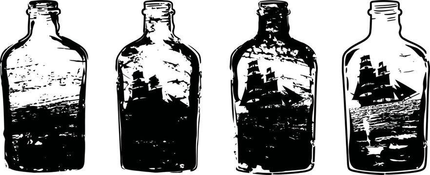 vintage glass bottles with reflections old fashioned clear empty containers in black and white