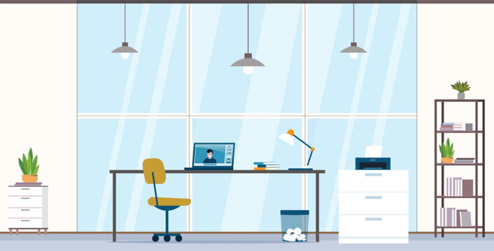 Modrn Office room, interior flat vector illustration. Cartoon empty creative office workplace environment with modern furniture, table, computer, panoramic window. Inside decor design, workspace backg