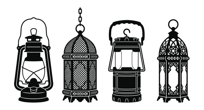 Collection of antique lanterns kerosene oil lamp traditional hanging lamps Ramadan.