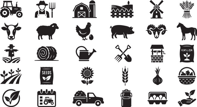 Agriculture and farming icon set featuring tractor farmer livestock animals barn windmill gardening tools and crop cultivation silhouettes