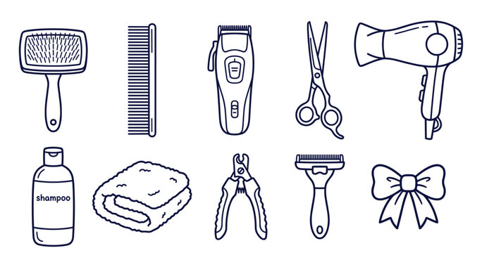 Pet grooming kit tools set clippers comb dryer scissors shampoo bow ribbon.
