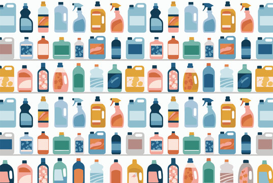 Seamless repeating pattern showing rows of various plastic cleaning product bottles such as spray, detergent, and bleach for household themes.