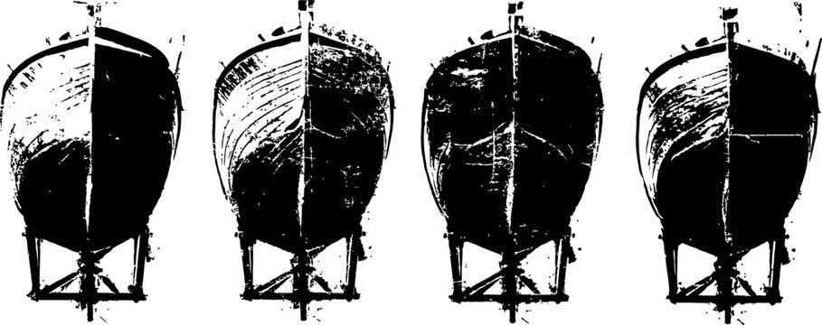 four black and white vintage ship hull silhouettes from front view with detailed texture